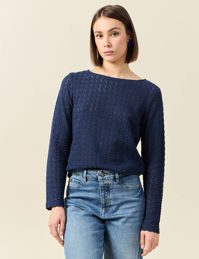 T-shirt manches longues ajouré bleu marine femme
