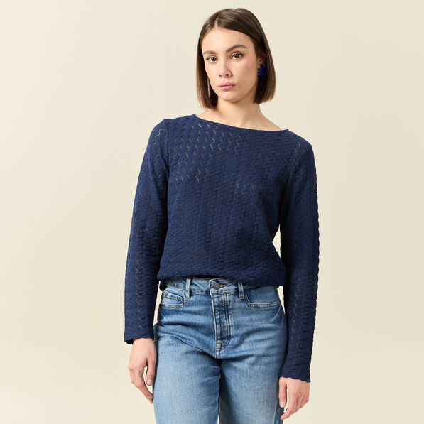 t shirt manches longues ajoure bleu marine femme T-shirt manches longues ajouré bleu marine femme