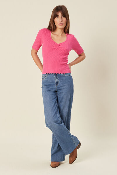 Pull à manches courtes rose fushia femme