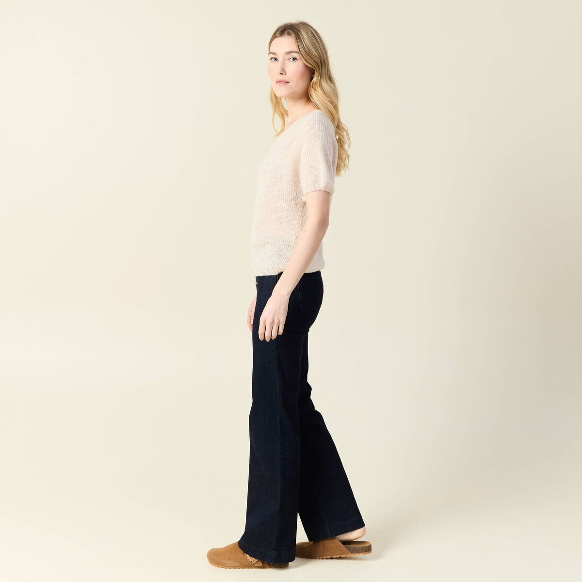 Pull manches courtes fabriqu&eacute; en France creme femme
