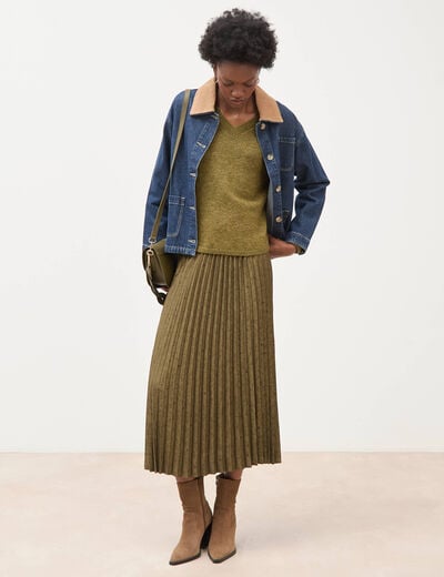 Pull droit col v manches longues vert kaki femme