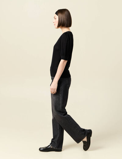 Pull manches courtes ajour&eacute; noir femme
