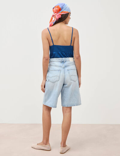 Bermuda large taille haute en coton denim bleach femme