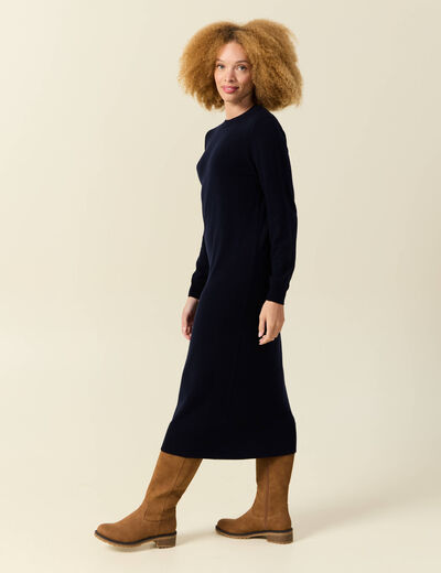 Robe manches longues bleu fonc&eacute; femme