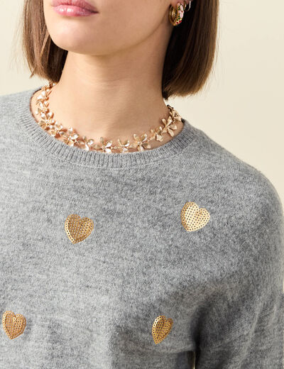 Pull manches longues sequins gris clair femme