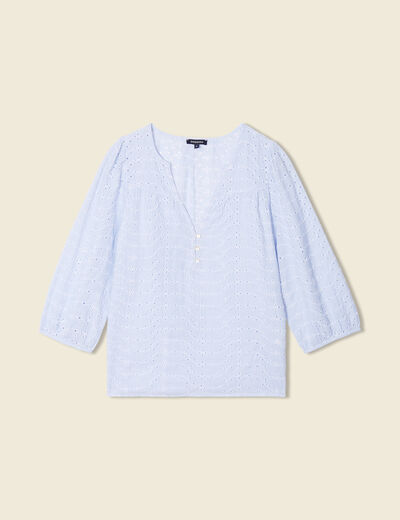 Blouse manches 3/4 brodée bleu femme