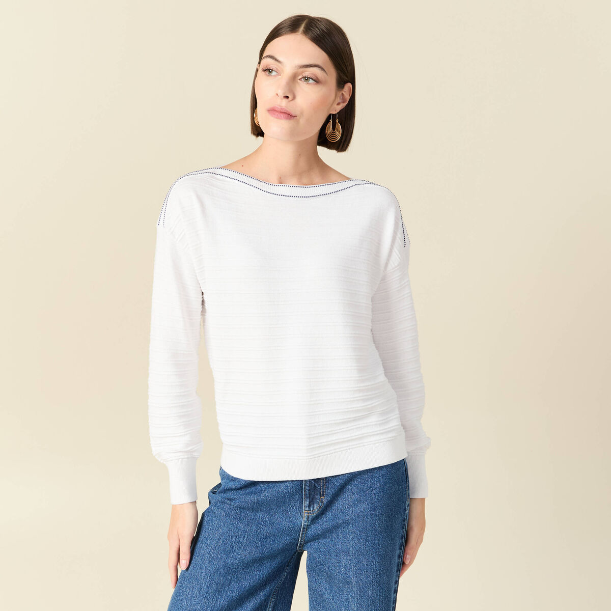 Pull col bateau manches longues en coton blanc femme