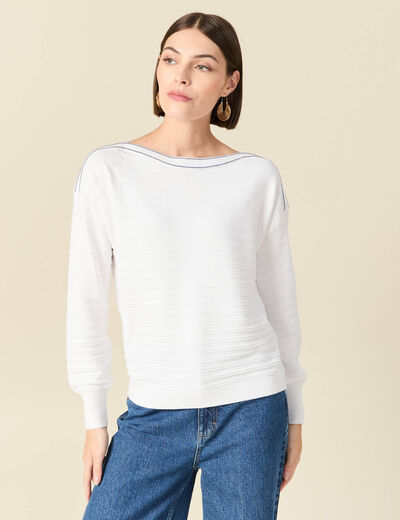 Pull col bateau manches longues en coton blanc femme