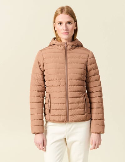Doudoune ajust&eacute;e mi-longue &agrave; capuche marron clair femme
