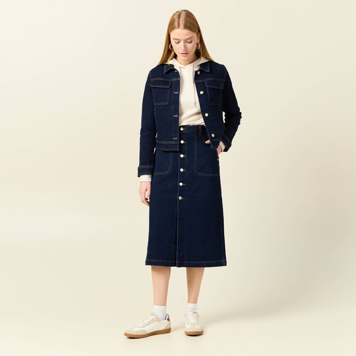 Jupe midi droite en jean denim brut femme