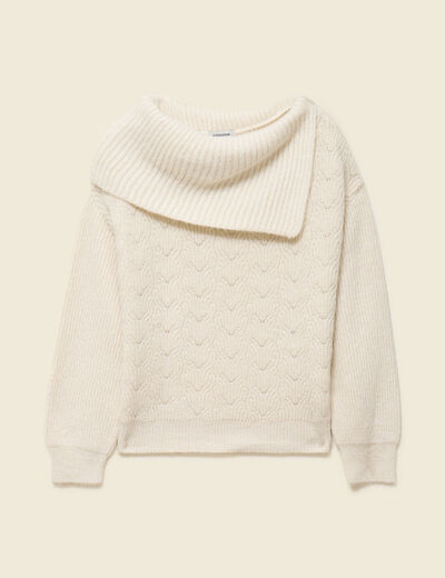 Pull ajour&eacute; manches longues bardot ecru femme