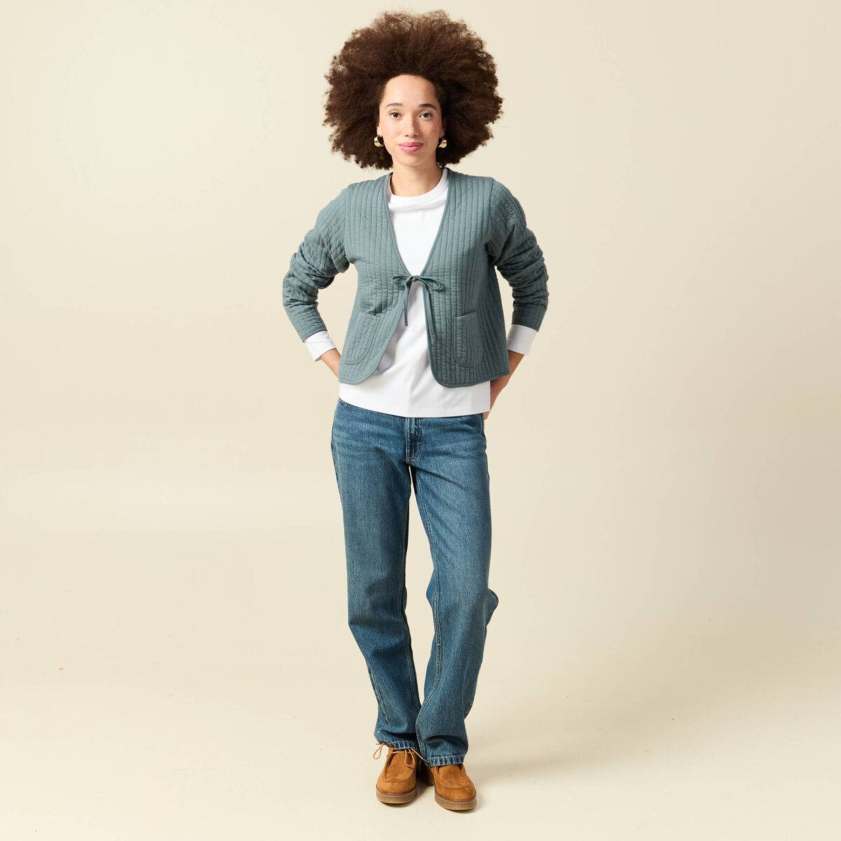 Cardigan droit court manches longues vert canard femme