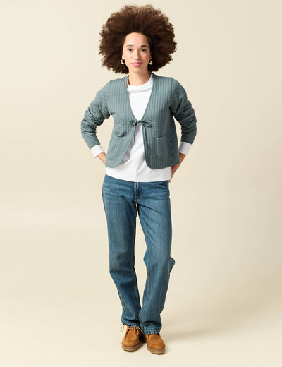 Cardigan droit court manches longues vert canard femme