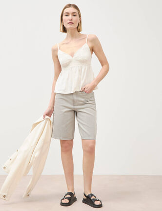 Bermuda large taille haute en coton denim gris clair femme