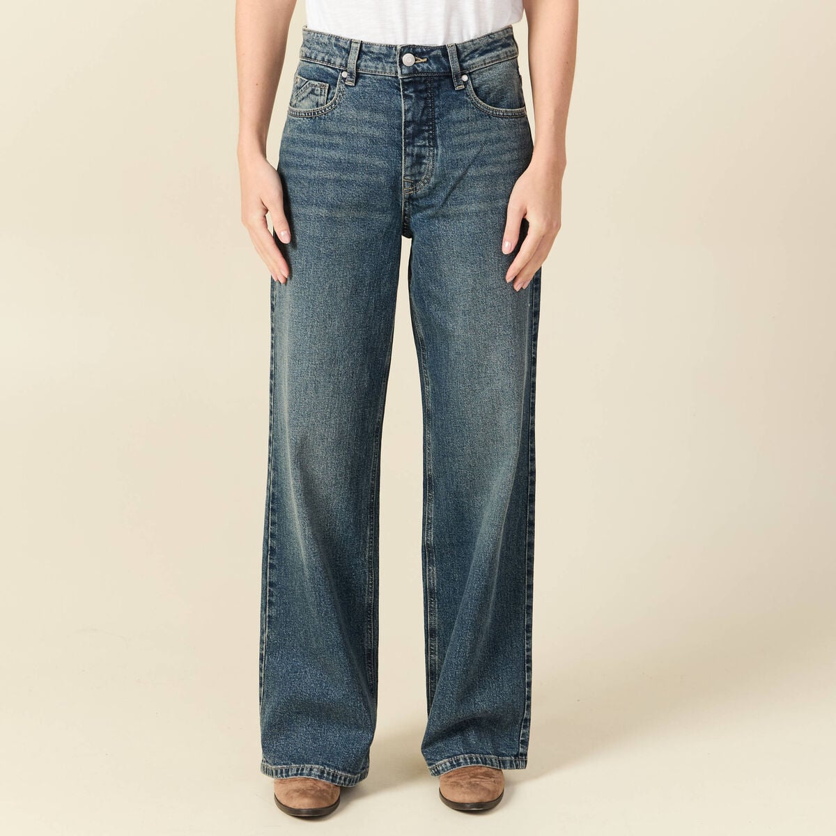 Jeans large taille haute bleu femme