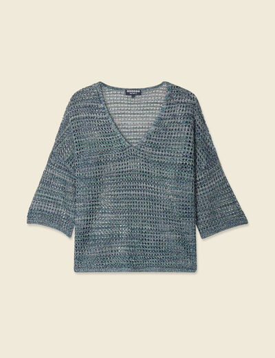 Pull manches courtes ajouré bleu clair femme