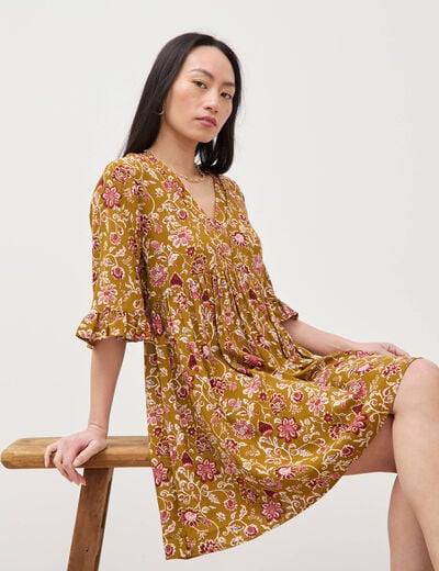 Robe col v manches au coude vert olive femme