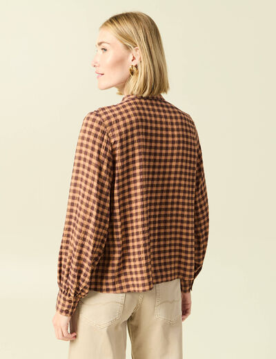 Chemise &agrave; volants manches longues marron fonc&eacute; femme