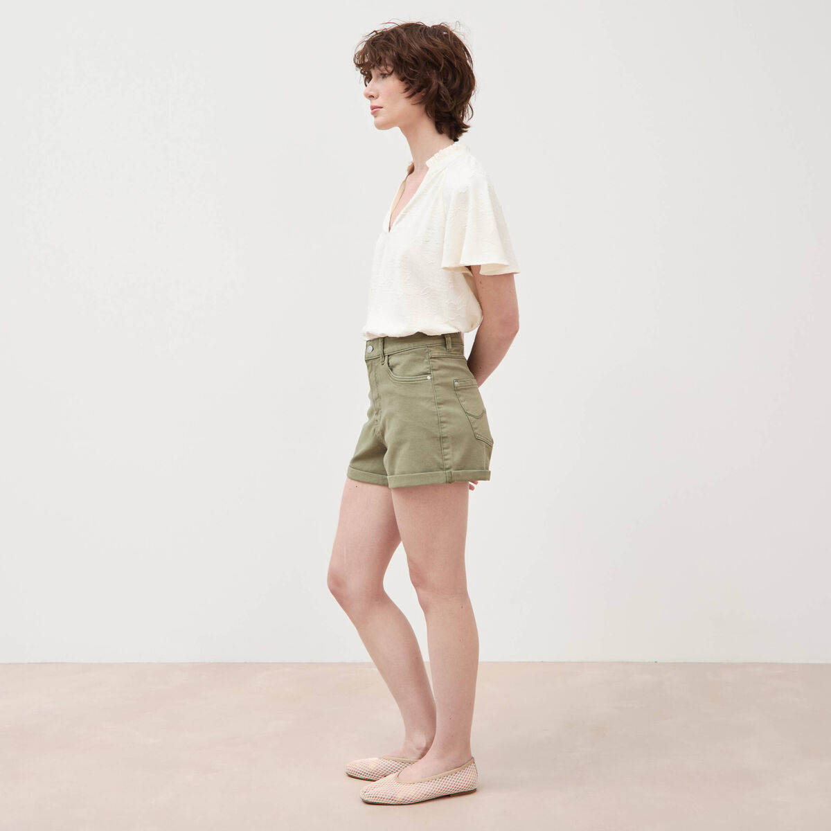 Short mom taille haute vert kaki femme