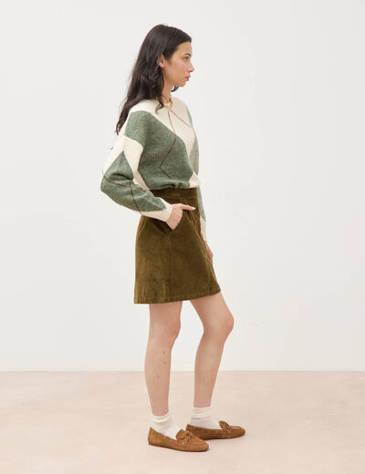 Jupe droite courte en velours vert olive femme