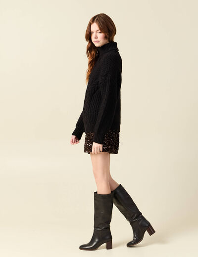 Pull manches longues col roul&eacute; brillant noir femme