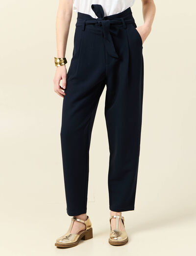 Pantalon carotte ceinturé bleu marine femme