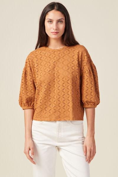 T-shirt manches 3/4 ajouré marron femme