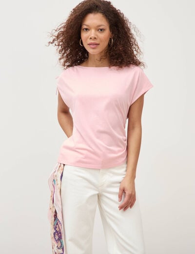 T-shirt col bateau manches courtes rose clair femme