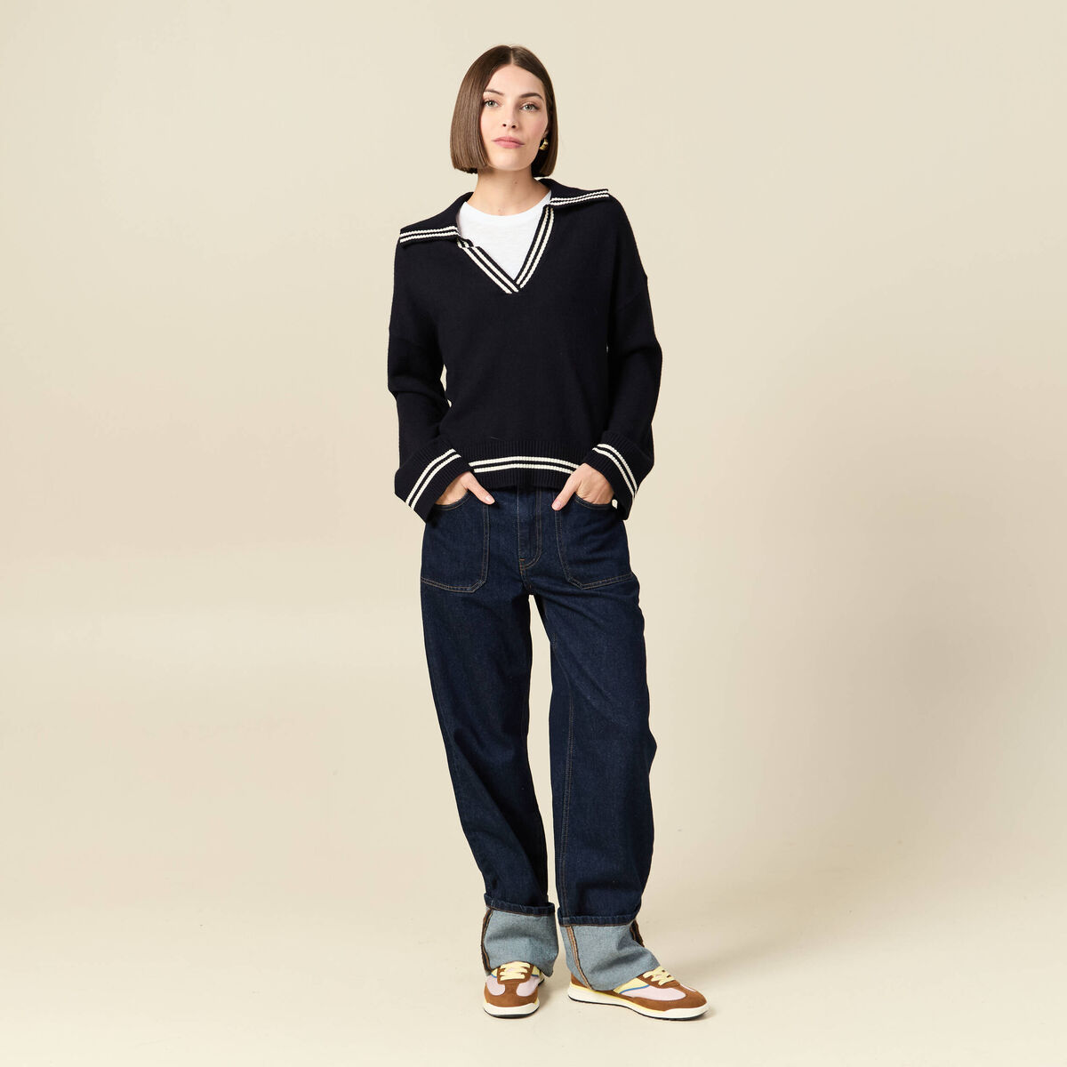 Pull col polo manches longues bleu marine femme