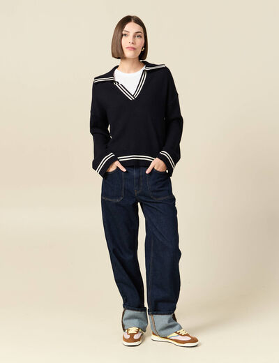 Pull col polo manches longues bleu marine femme