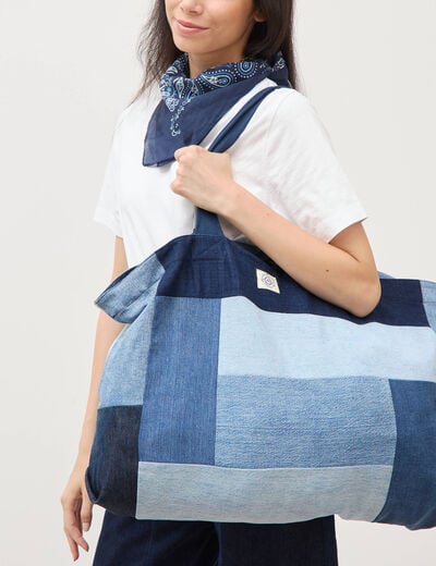 Sac cabas bandouli&egrave;re en coton jeans denim brut femme