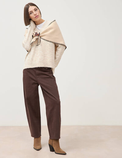 Pull droit col v manches longues creme femme