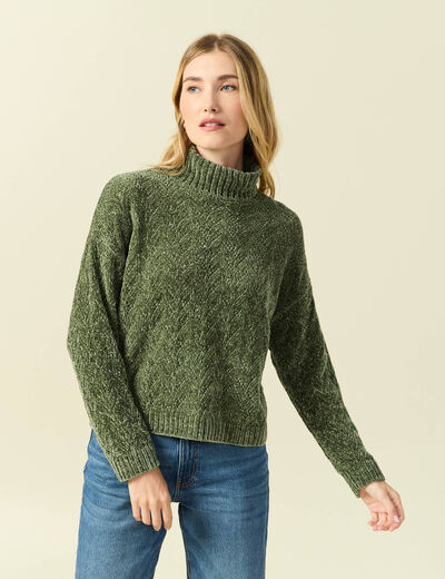 Pull col roul&eacute; manches longues vert kaki femme
