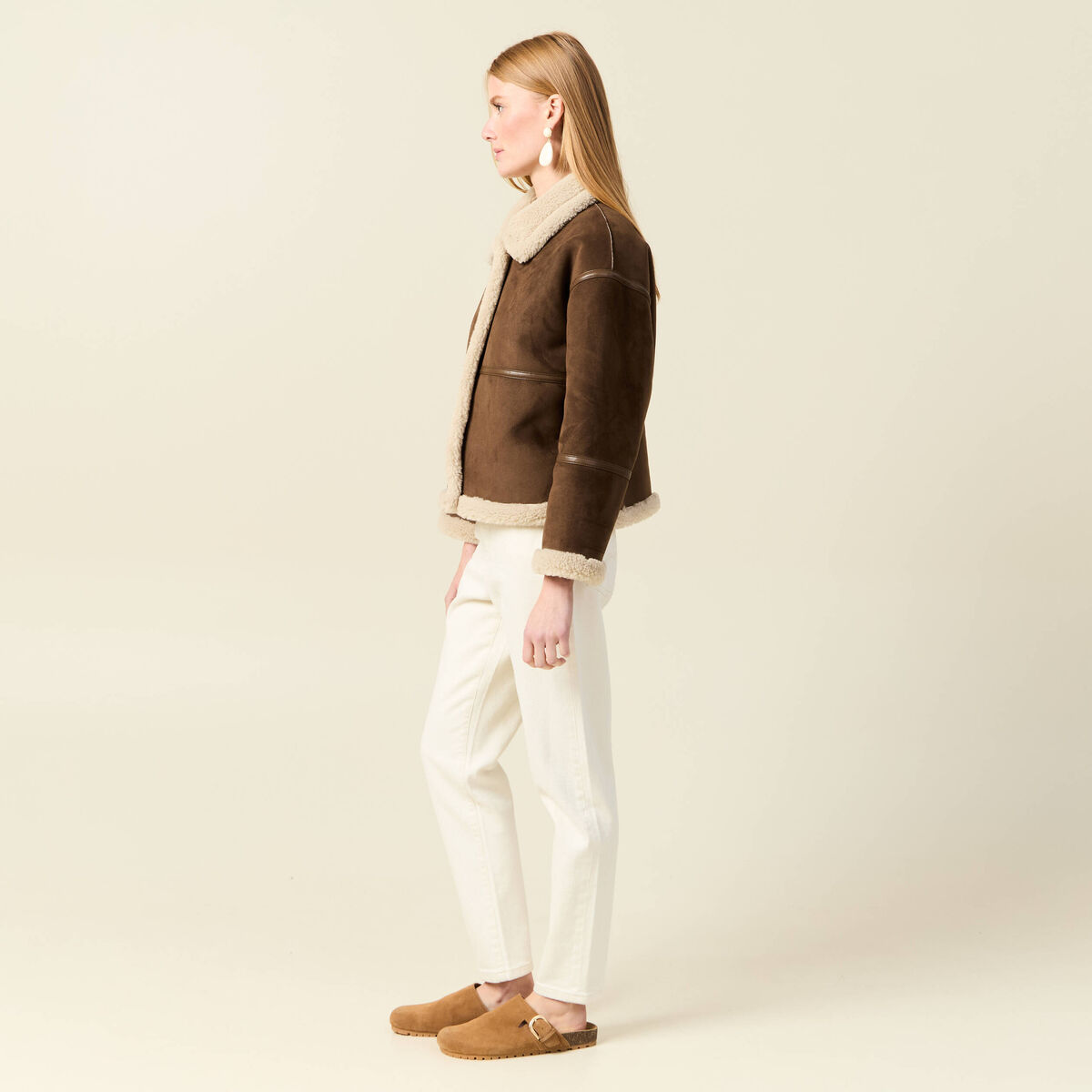 Manteau oversize court col classique marron fonc&eacute; femme
