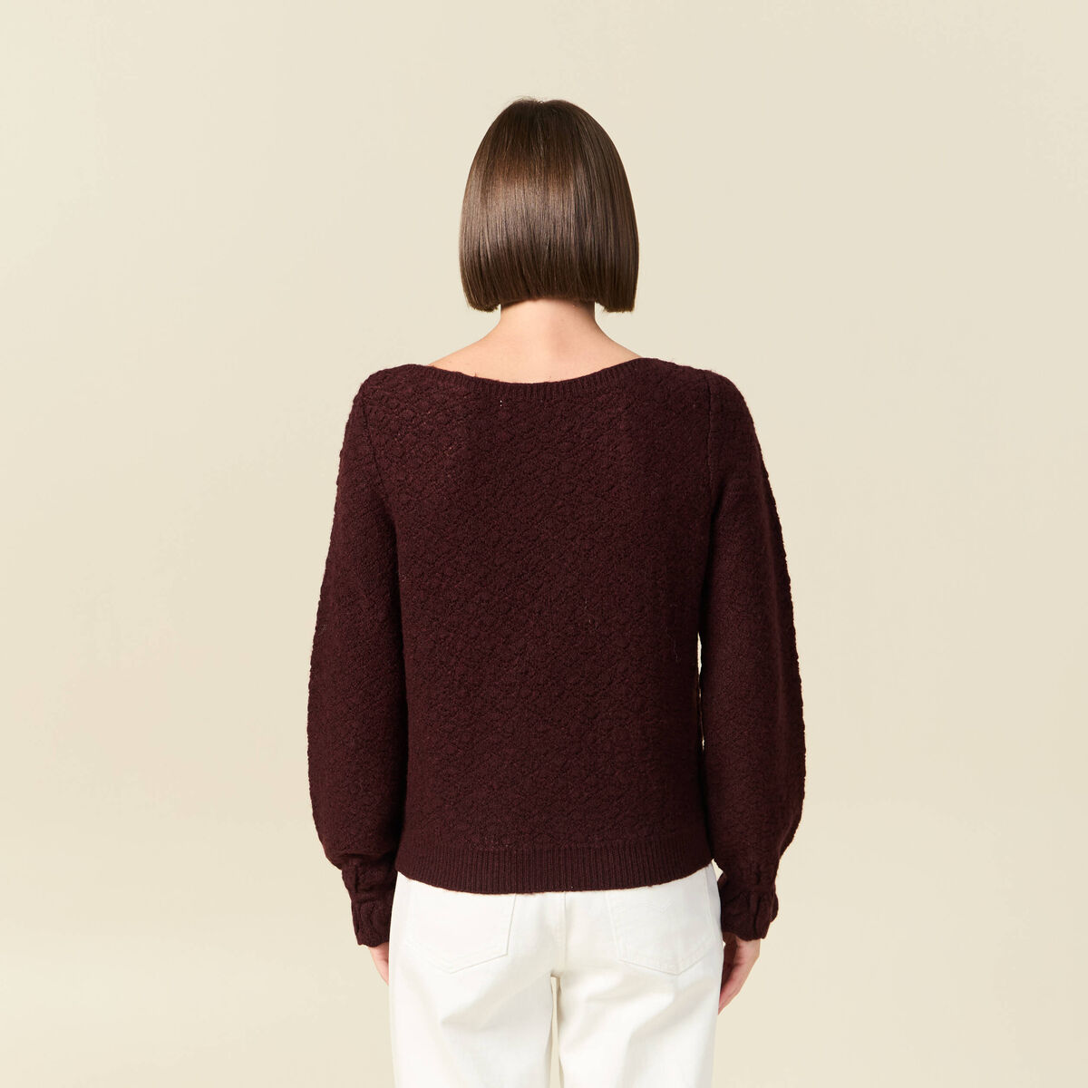Pull ajour&eacute; col bateau manches longues prune femme