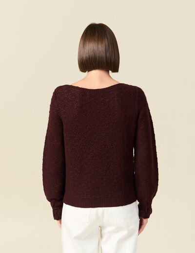 Pull ajour&eacute; col bateau manches longues prune femme