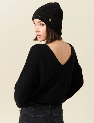 Pull manches longues ajouré noir femme