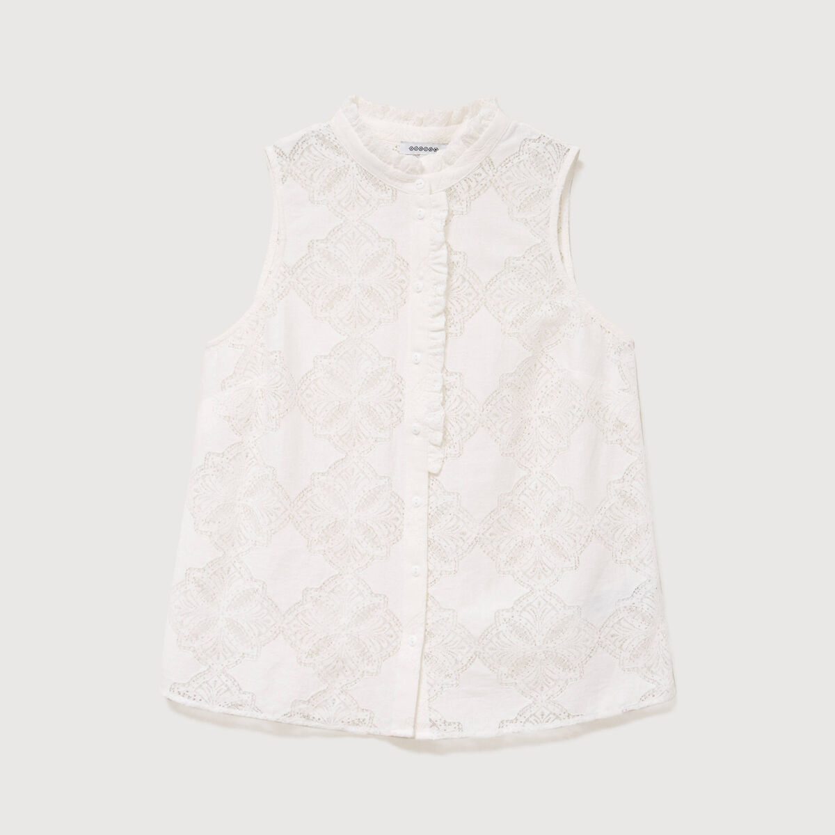 Top sans manches en dentelle col rond ecru femme