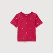 T-shirt droit col rond brod&eacute; en coton rouge clair femme