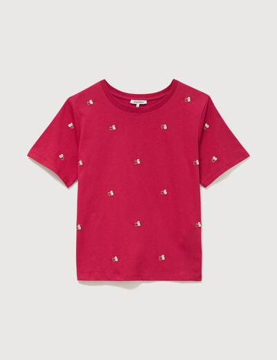 T-shirt droit col rond brod&eacute; en coton rouge clair femme