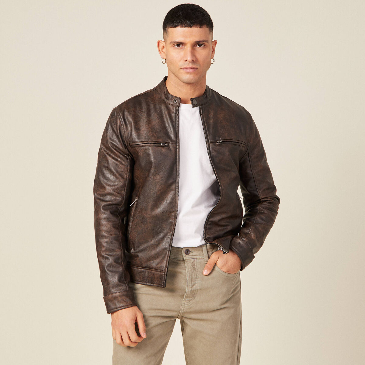 Blouson simili cuir vert kaki homme