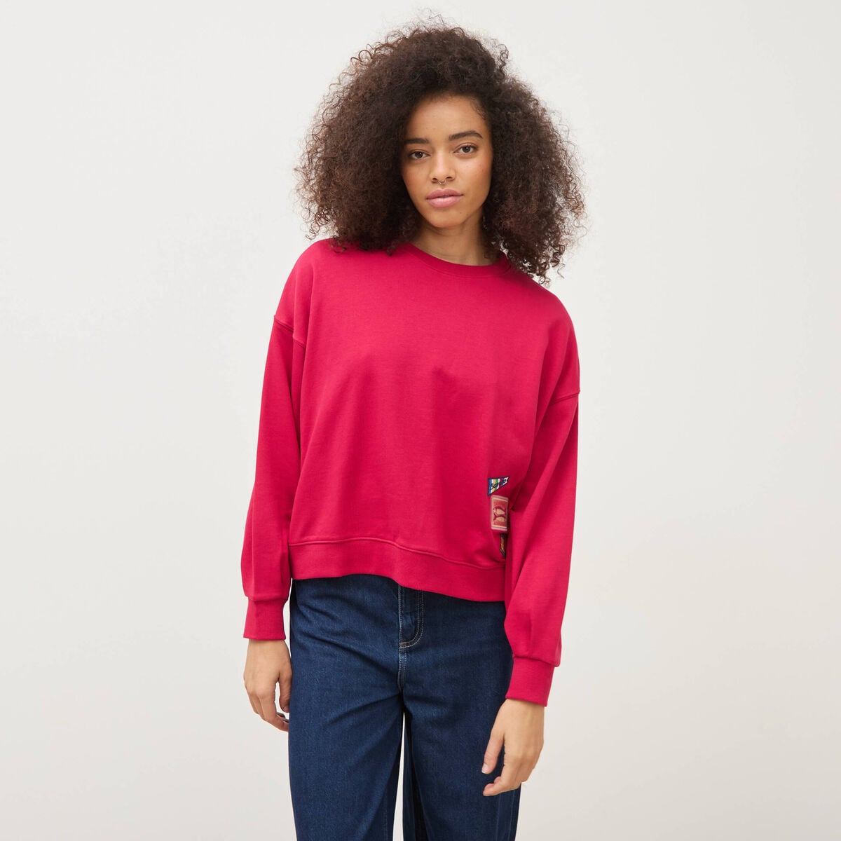 Sweat droit col rond manches longues rouge clair femme