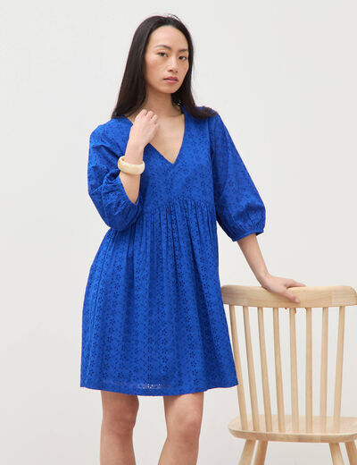 Robe droite courte col v manches 3/4 bleu electrique femme