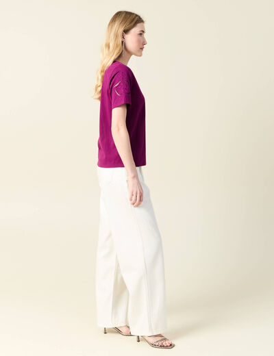 T-shirt manches courtes brodé violet femme