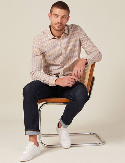 Chemise ray&eacute;e en coton manches longues beige homme