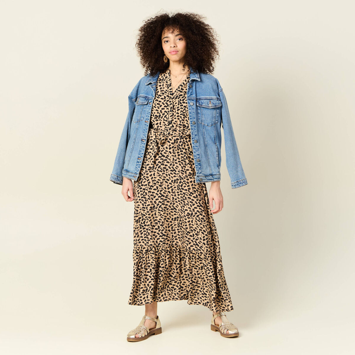 Robe longue droite manches 3/4 marron clair femme