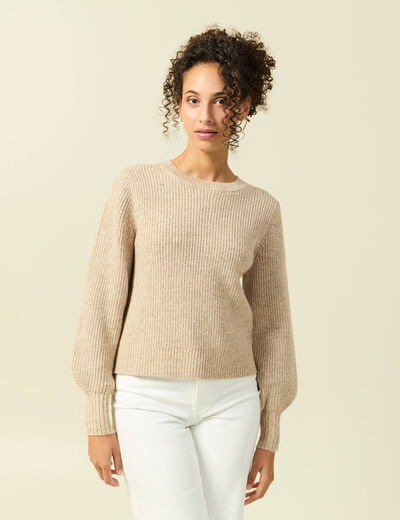 Pull manches longues col rond &agrave; sequins creme femme