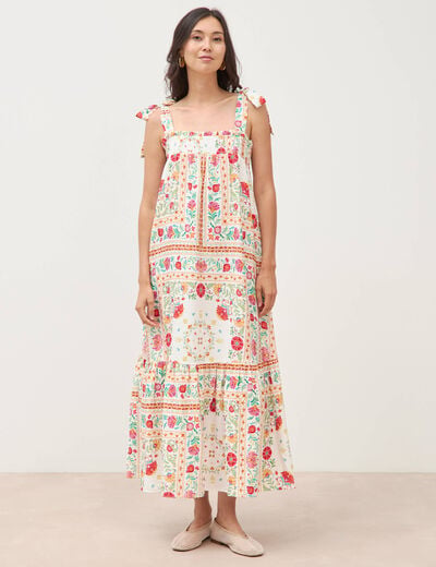 Robe bretelles col carr&eacute; fluide blanc femme