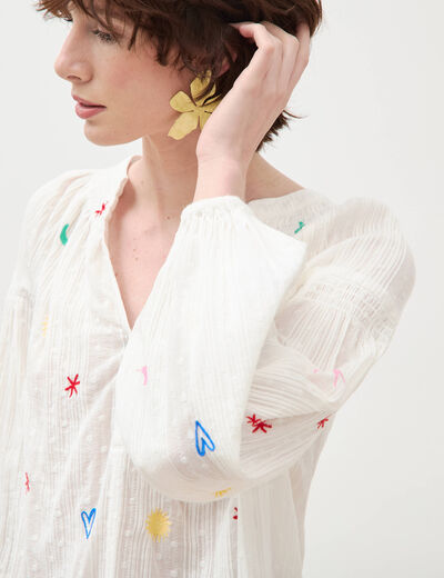 Blouse ample col mao manches longues ecru femme