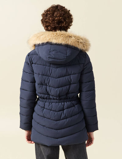 Doudoune à capuche fourrure bleu foncé femme